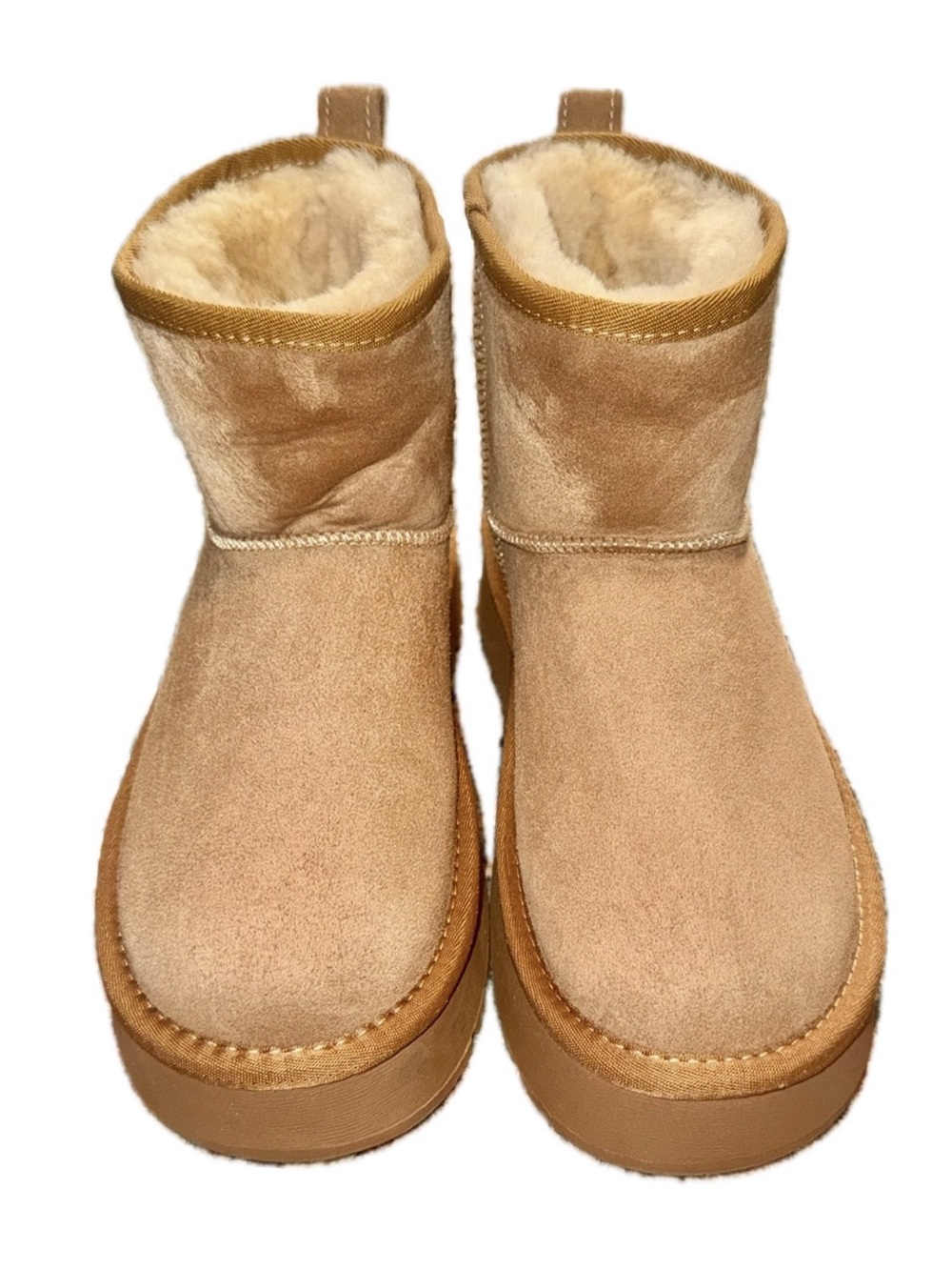 BEAU TODAY Platform Mini Snow Boots Tan Chestnut Suede Wool Lined | Women's US 8
